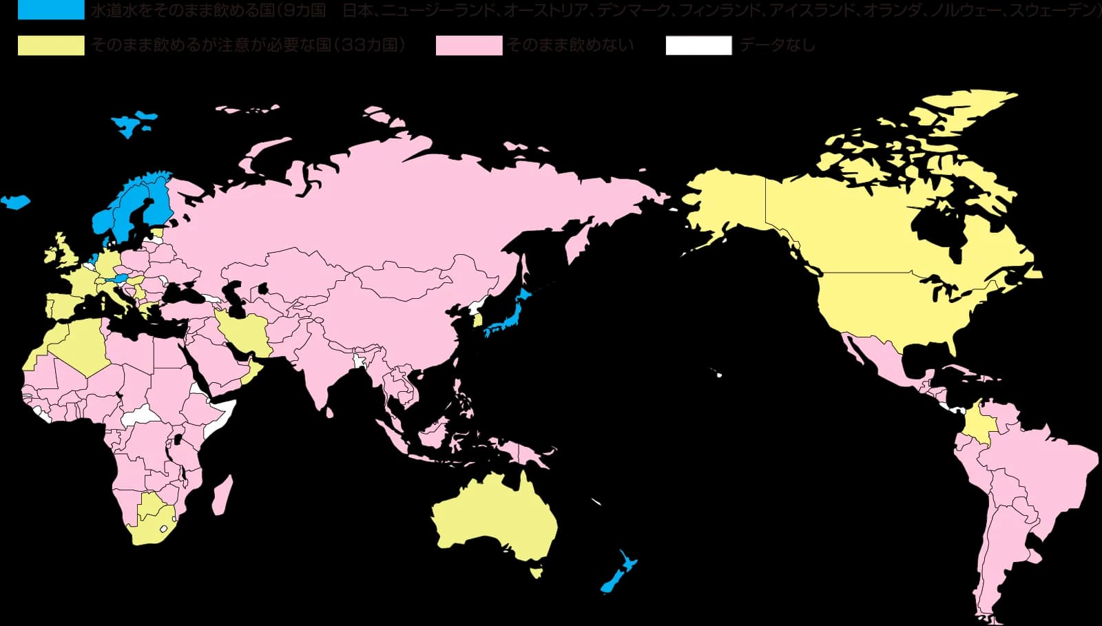「世界地図でみる水を飲める国」の図解